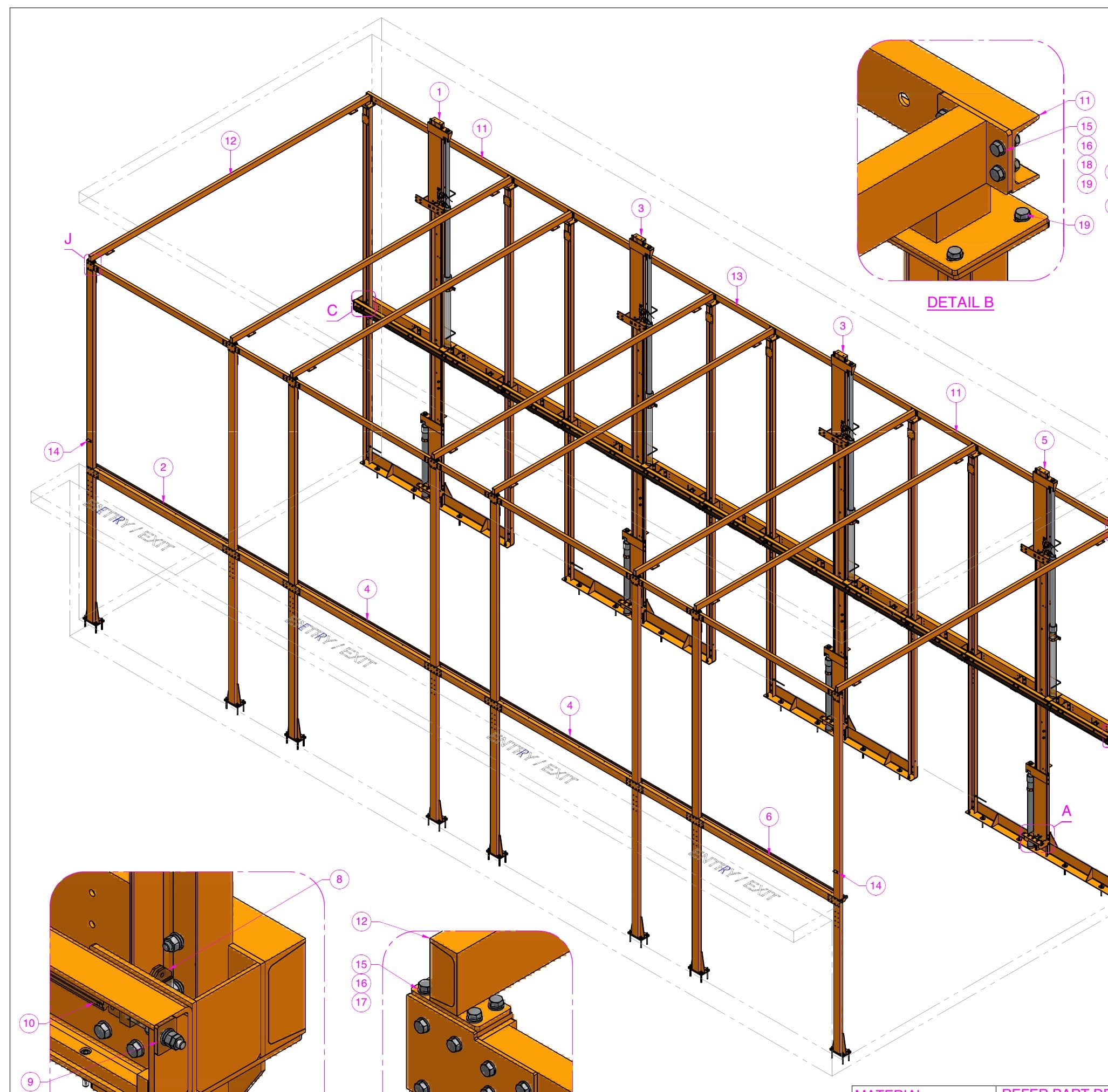 Symtech structure assembly drawing of a four-bay puzzle parking frame: orange isometric with numbered parts and detail views