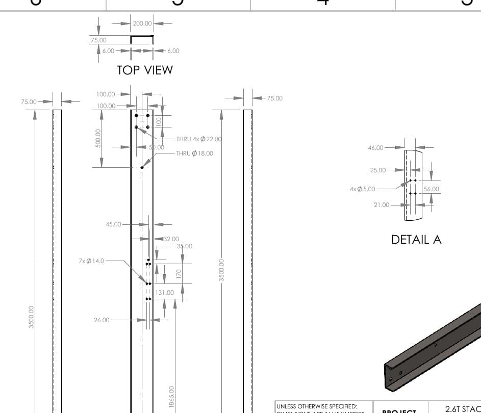 Symtech part drawing of the 2.6 t stack parking C-channel post, lifting side: side, front and top views with detail A and an isometric