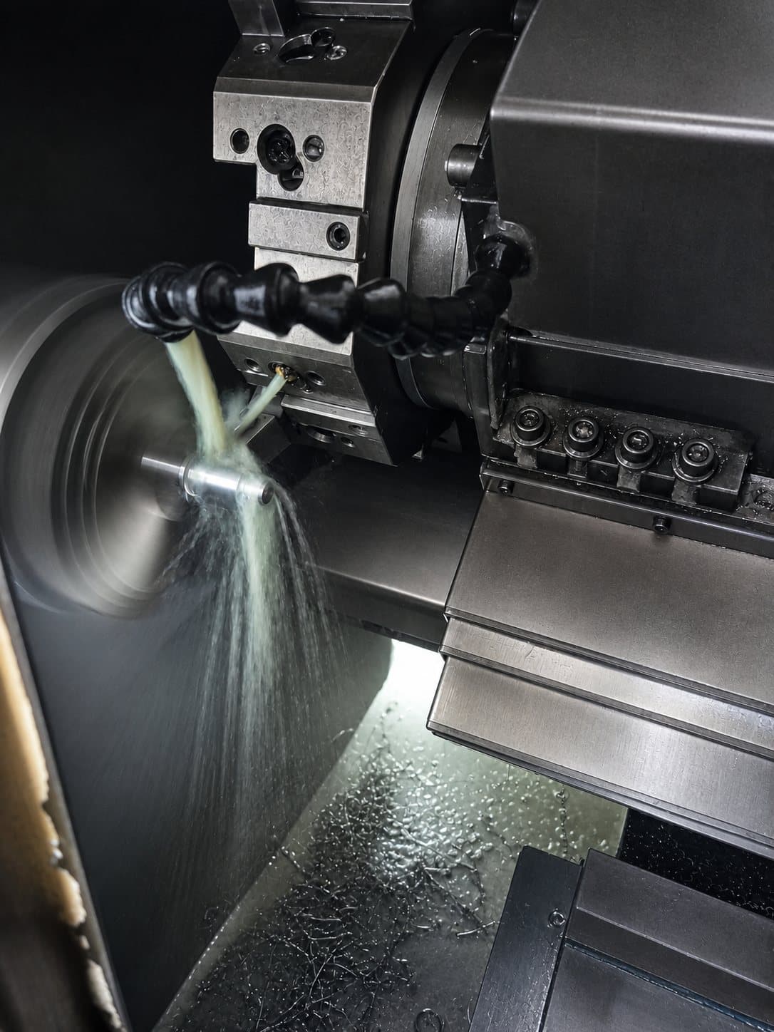 Lathe turning a steel shaft under coolant