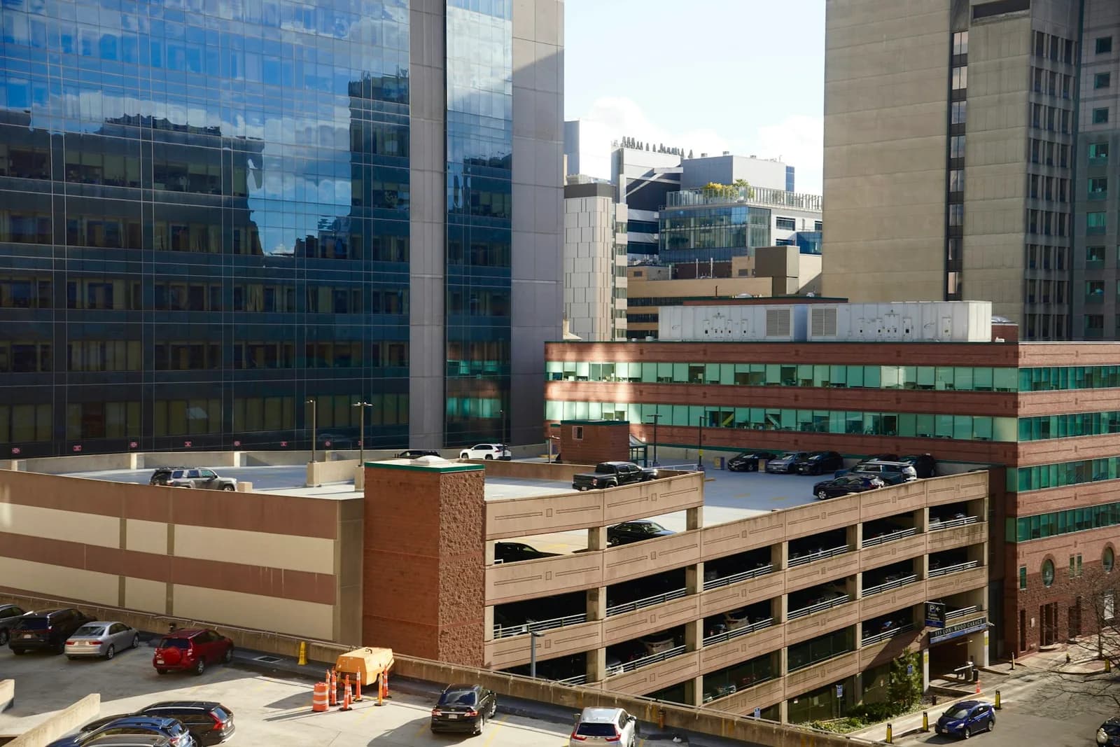 Parking levels surrounded by city buildings