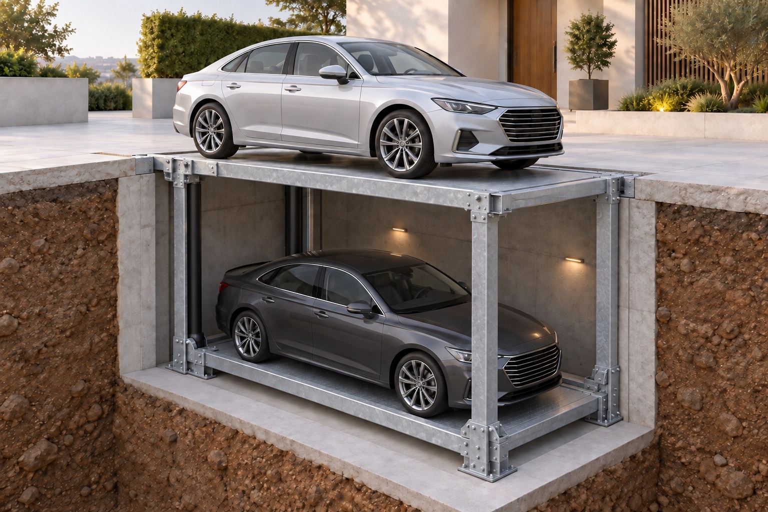 Cutaway render of a four-column pit stack with two rear cylinders, one car at driveway level and a second below ground
