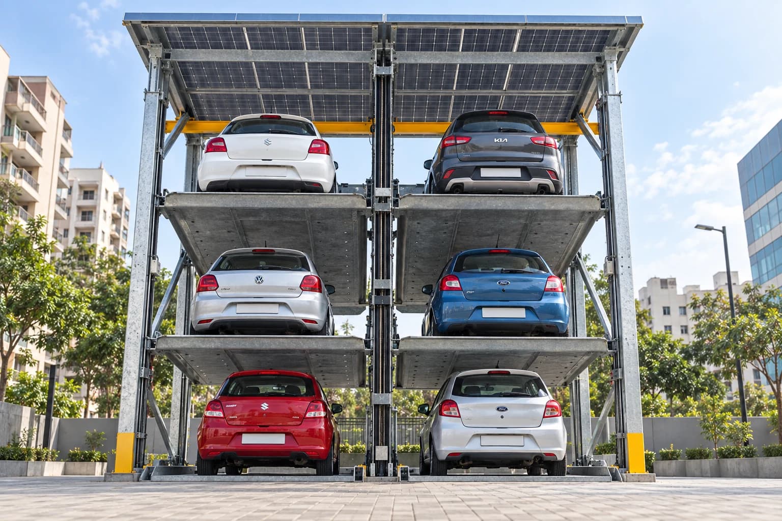 Cars arranged on three parking levels beneath a solar canopy