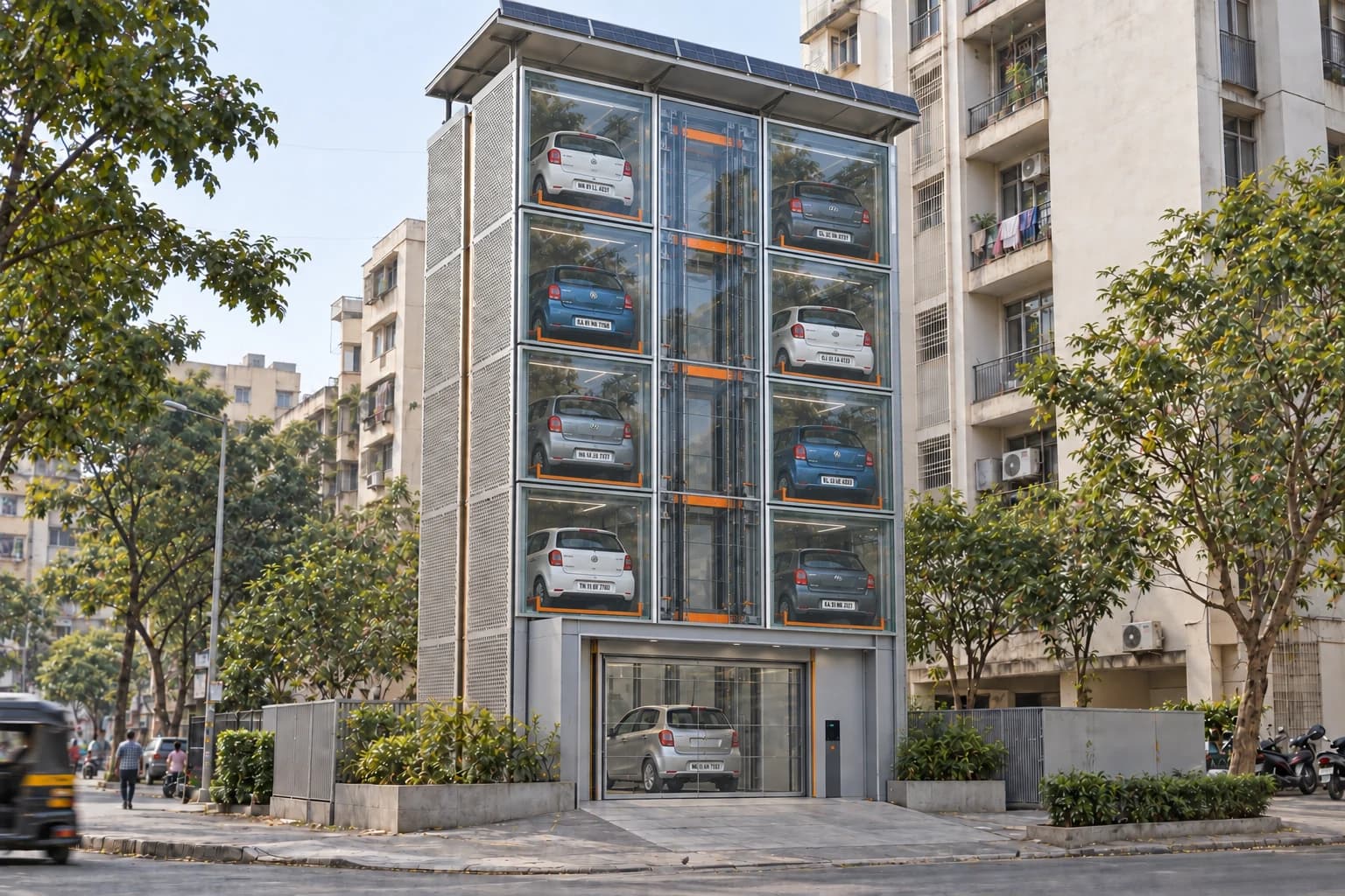 Glazed parking tower with vehicle bays on either side of a central lift