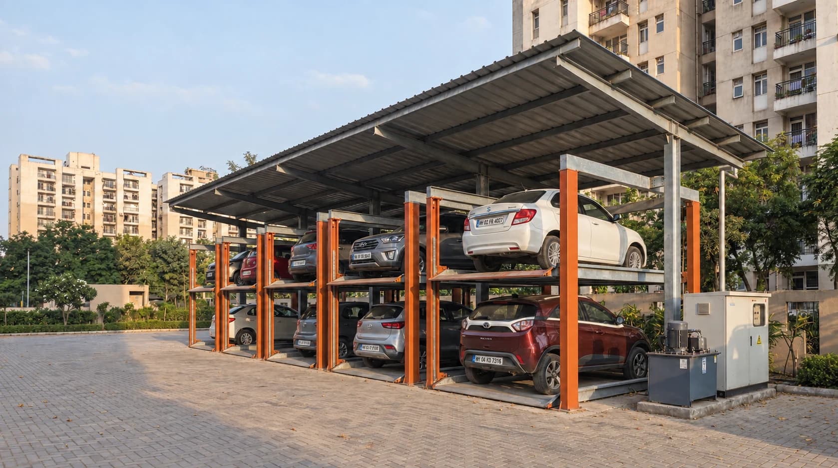 Two-level parking platforms with orange support posts beneath a canopy