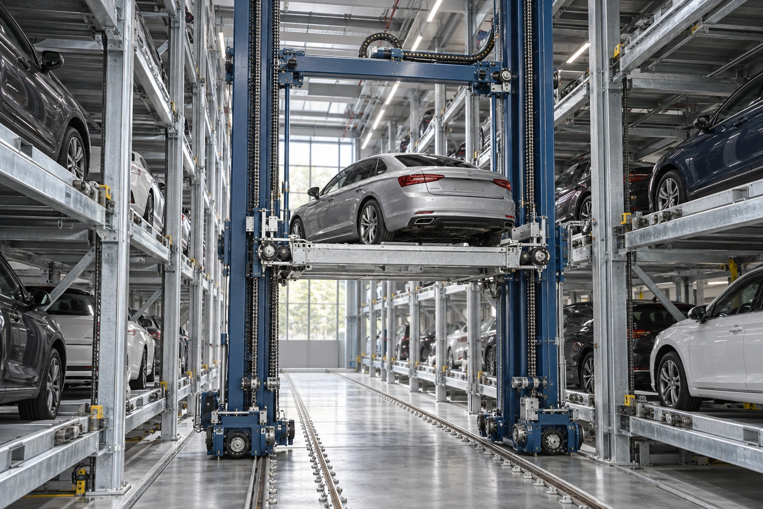 Architectural render of a car on an elevated lifting carriage between parking racks, with guided masts and aisle travel rails