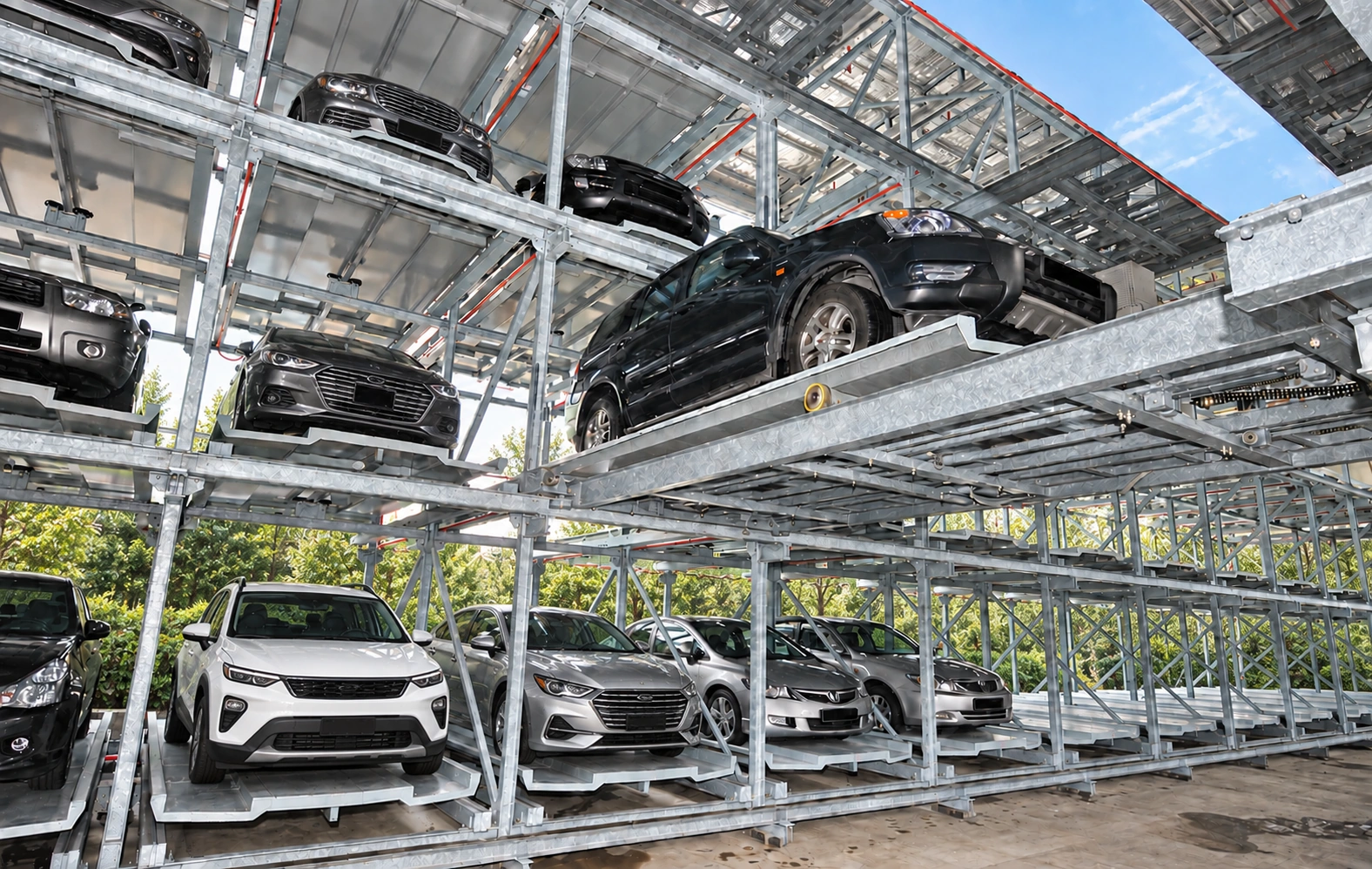A black car on a raised travelling platform between occupied galvanized steel parking racks, with varied cars and a green outdoor backdrop